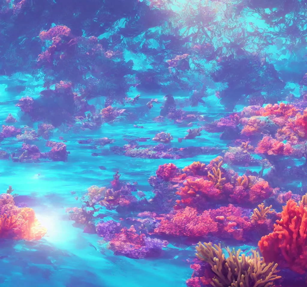 Image similar to underwater neon coral reef landscape magical realism painting with sun rays coming from above, neon pastel colors, octane render, maya, cinema 4d