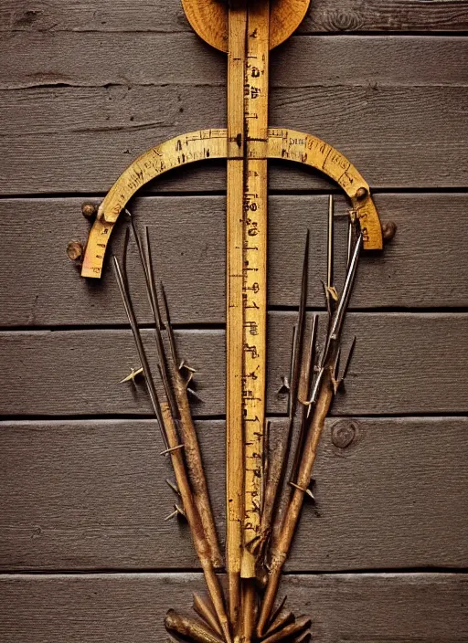 Prompt: realistic photo of a a medieval wooden measurement scientific gadget made of dark old oak wood, covered with long brass spikes 1 9 9 0, life magazine reportage photo, natural colors