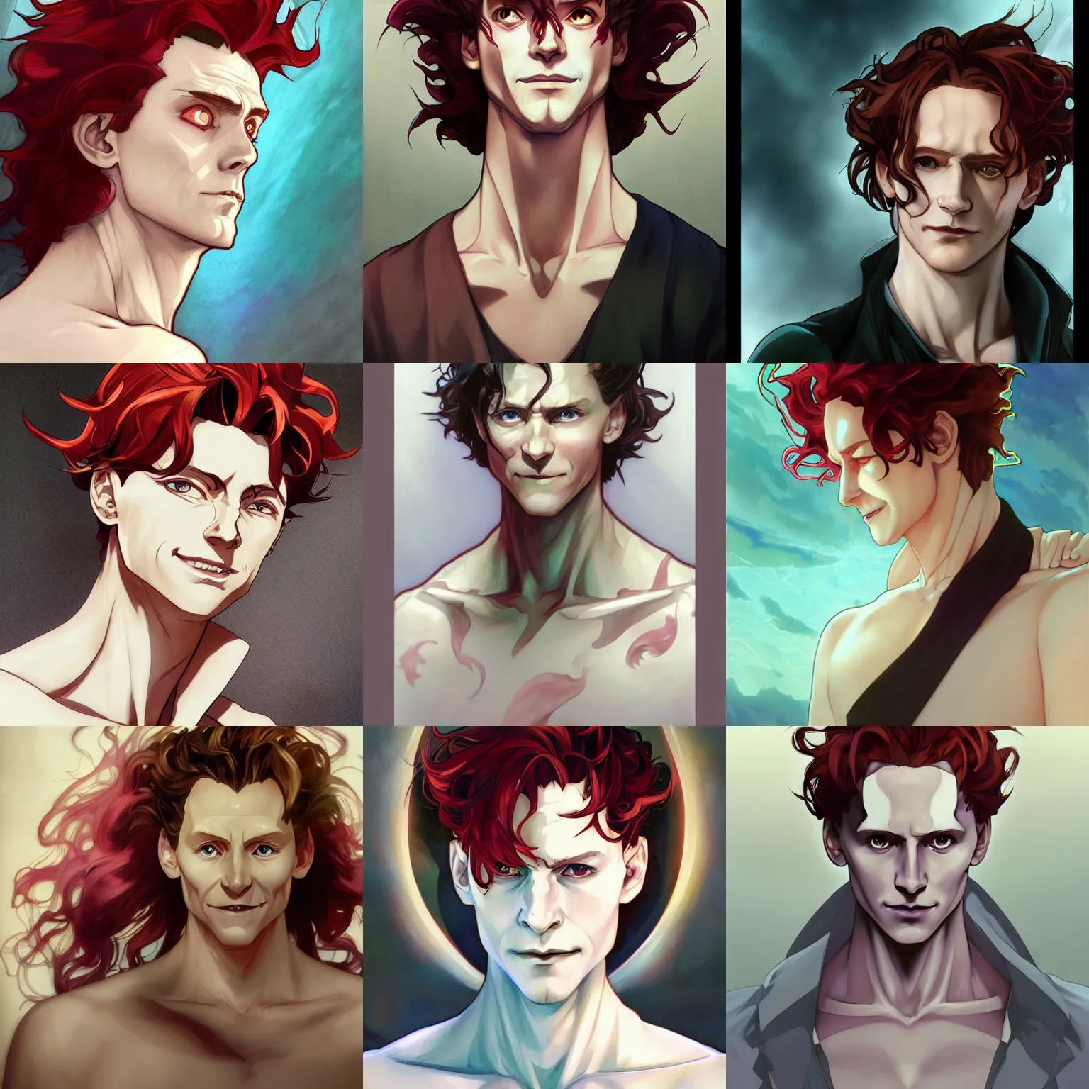 Prompt: hisoka, young tom hiddleston, cel - shaded animesque art by artgerm and greg rutkowski and alphonse mucha, smooth white skin, smirking face, reddish hair, d & d, fantasy, portrait, soft facial features, pretty, highly detailed, digital painting, trending on artstation, concept art, sharp focus, illustration