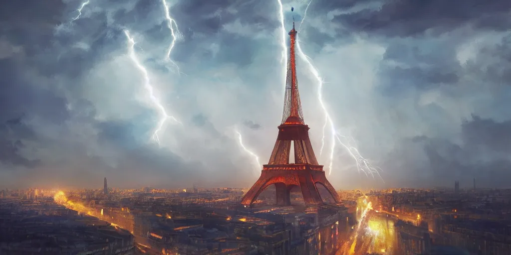 Image similar to lightning striking the Eiffel Tower, detailed oil painting, cinematic angle, hyperrealistic, breathtaking, volumetric lighting, cinematic lighting, dynamic, Studio Ghibli, digital art, octane render, epic composition, trending on artstation, masterpiece