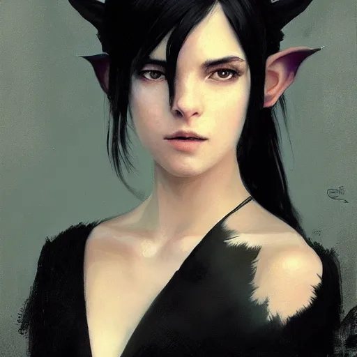 Prompt: portrait painting of female forest elf black hair, black dress, dramatic light, 8 k, by greg rutkowski, studio ghibli