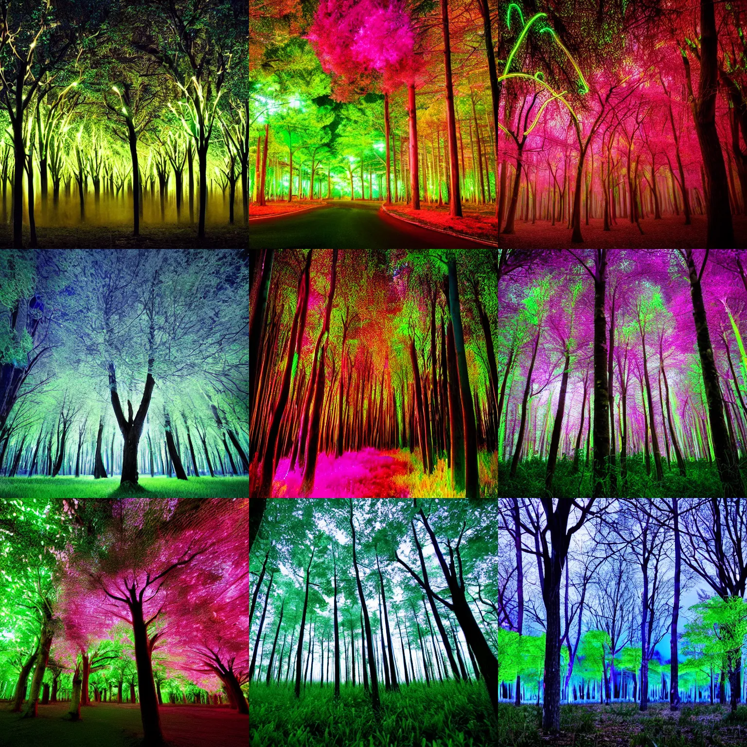 Prompt: beautiful photo of a neon forest, with neon tree branch national geographic