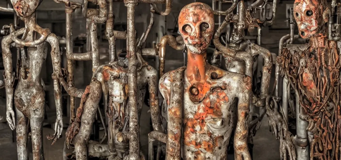 Image similar to horrifying scary artwork of mannequin with rusty pipes and pieces of steel sticking out of it, body horror, scary, dark, terrifying, human faces,