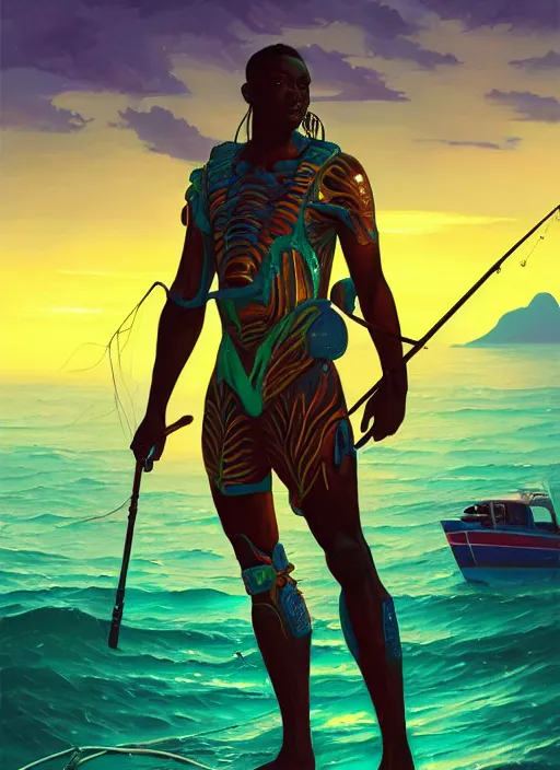 Image similar to portrait of a jamaican fisherman sci - fi glowing fishing armor muscular cyberpunk intricate elegant highly detailed digital painting artstation concept art, ocean background, jamaican colors, cinematic, greg rutkowski, loish, rhads, ferdinand knab, makoto shinkai and lois van baarle, ilya kuvshinov, rossdraws, tom bagshaw