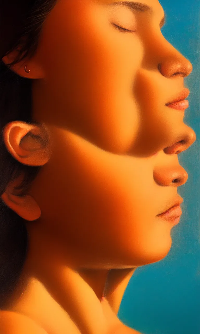 Image similar to a face portrait of a beautiful girl enjoying the warm sunlight, cuban setting, close - shot, symmetrical face, warm colors, soft lighting, atmospheric, cinematic, moody, in the style of diego koi, gina heyer, luiz escanuela, art by alyssa monk, hyperrealism, rule of thirds, golden ratio, oil on canvas, 8 k