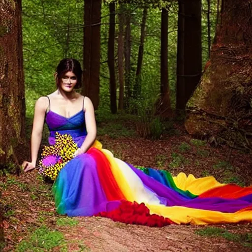 Image similar to picture of gemma arterton wearing a long rainbow wedding gown, sitting in a colorful forest