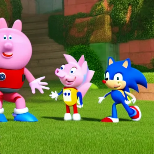 Prompt: sonic, peppa pig and the paw patrol crossover episode, cartoon network stillframe, hd, 4 k, hdr, smooth, sharp focus, high resolution, award - winning