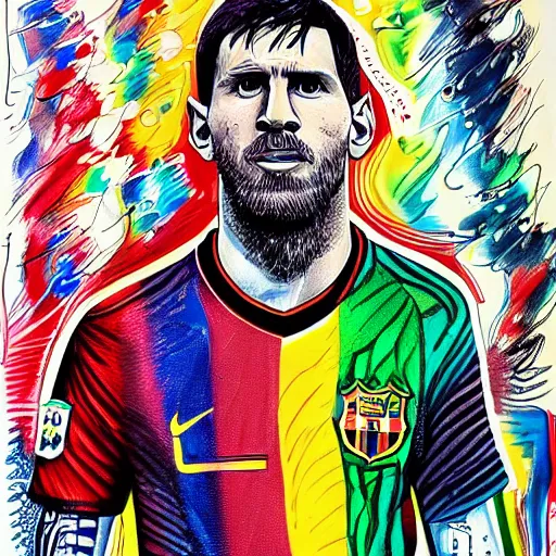 Image similar to peripheral lobotomy of messi, in the style of cyborg adi granov, colourful hand drawing, beautiful faces, dramatic, tragic, intricate, detailed, beautiful