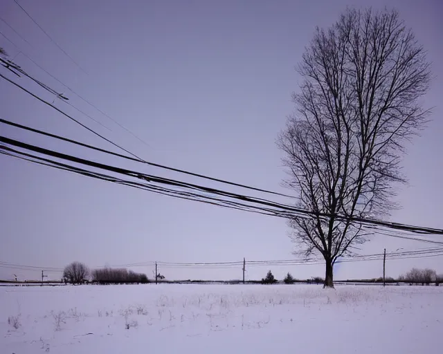 Prompt: a field covered in snow with power lines above it, a photo by kazys varnelis, featured on flickr, ecological art, photo taken with provia, matte photo, photo, at dawn