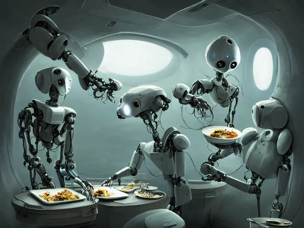 Image similar to gediminas pranckevicius a cinematic wide - angle photograph of an androgynoid robot serving meal to human crew members inside of an inter - galactic spaceship, beautiful lighting, high depth, ultra realistic, coherent composition by john harris and jim burns