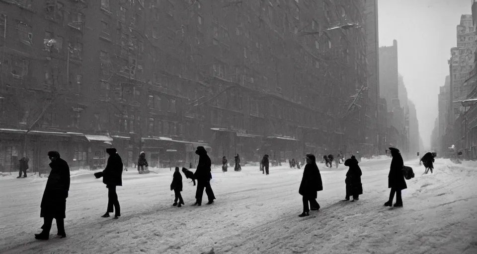 Image similar to image of a new york street in the winter, black and white photograph by andre kertesz, henri cartier - bresson