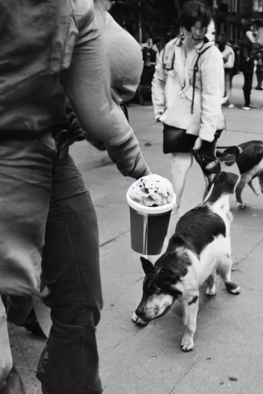 Image similar to Street photography of a dog licking an ice-cream, polaroid