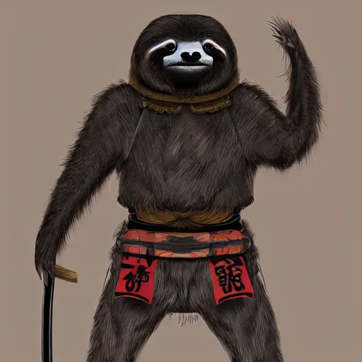 Image similar to graphic, hyperreal illustration of anthropomorphic sloth in traditional samurai armor : : digital art, concept art, character development