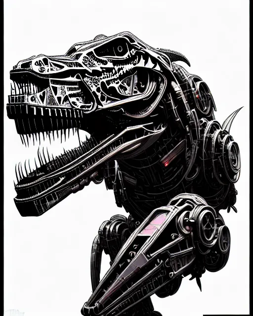 Prompt: a cyberpunk intricate mechanical robot t - rex dinosaur, transformer, high details, symmetry, bold line art, by vincent di fate, kim jung gi, joe fenton, inking, scifi, screen print, masterpiece, character concept art, trending on artstation, sharp, high contrast, ultrafine hyper detailed, comic book cover, hd, 4 k, 8 k