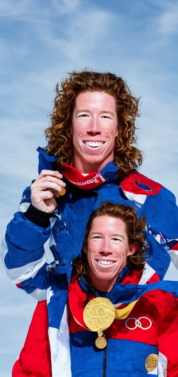 Prompt: high quality portrait of shaun white holding a gold medal with blue sky above him, rule of thirds, upper body shot, sharp focus, extremely detailed, studio photography