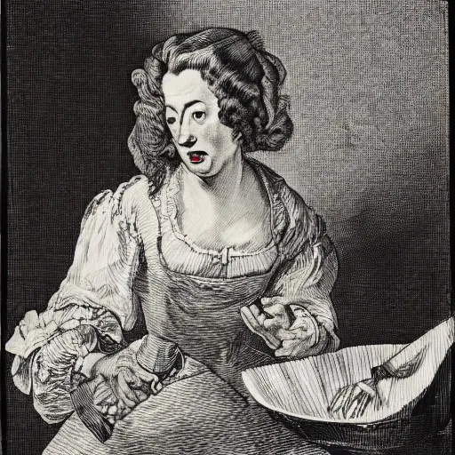 Prompt: Angry Housewife by William Hogarth, crosshatching