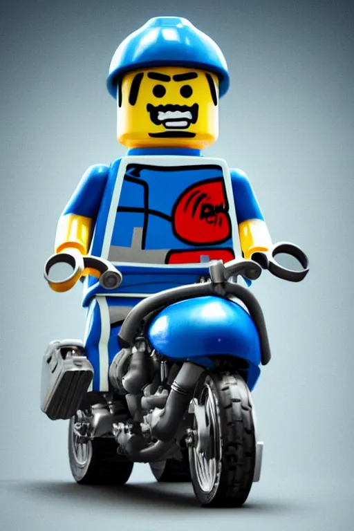 Prompt: a lego minifigure wearing a blue jean and blue t - shirt, he also wears a grey beanie, he is riding a ducati panigale, 3 d octane render, artstation, concept art, smooth, sharp focus ilustration hq, octane render, hyperrealistic, aenaluck, artgerm and roberto ferri and greg rutkowski