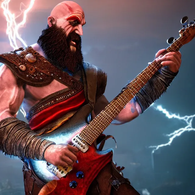 Prompt: raging trimmed kratos rocking out on a stratocaster guitar, cinematic render, god of war 2 0 1 8, playstation studios official media, sunglasses, lightning