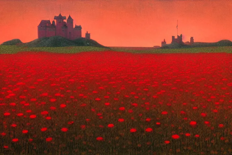 Image similar to only with red, red flowers of different types, a castle in the background, red giants rest over the flowers, in the style of beksinski, part by hopper, part by rodcenko, part by hofbauer, intricate composition, red by caravaggio, insanely quality, highly detailed, masterpiece, red light, artstation, 8 k