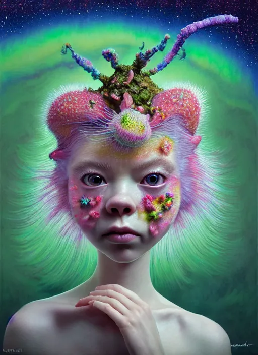 Image similar to hyper detailed 3d render like a Oil painting - kawaii portrait Aurora (a skeksi from dark crystal that looks like Anya Taylor-Joy) seen Eating of the Strangling network of yellowcake aerochrome and milky Fruit and His delicate Hands hold of gossamer polyp blossoms bring iridescent fungal flowers whose spores black the foolish stars by Jacek Yerka, Ilya Kuvshinov, Mariusz Lewandowski, Houdini algorithmic generative render, Abstract brush strokes, Masterpiece, Edward Hopper and James Gilleard, Zdzislaw Beksinski, Mark Ryden, Wolfgang Lettl, hints of Yayoi Kasuma, octane render, 8k