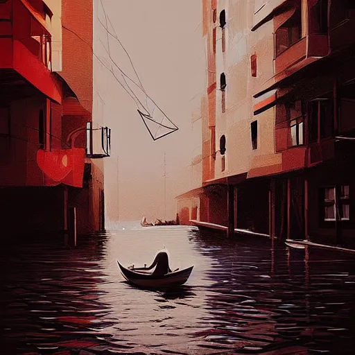 Image similar to a living room the floor of which is water, and a man coming in from the kitchen in a row boat, artwork by alena aenami