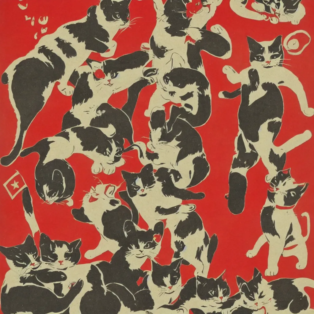 Image similar to communist propaganda poster with cats