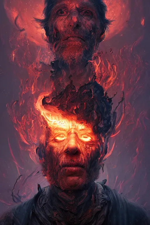 Image similar to the look of an elderly person, necromancer, witch - doctor covered with fire exploding into ice, full of wrinkles and imperfections by artgem and greg rutkowski, highly detailed, high contrast, light reflection, trippy, nebula, trending on artstation