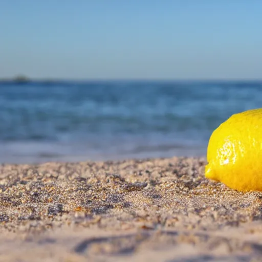 Prompt: a lemon wearing shades on a beach, hyper-realistic