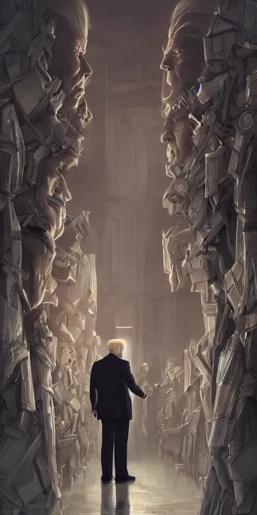 Image similar to symmetry!! donald trump and joe biden looking at each other in a hall, evil, very detailed, perfect lighting, perfect composition, 4 k, artgerm, derek zabrocki, greg rutkowski