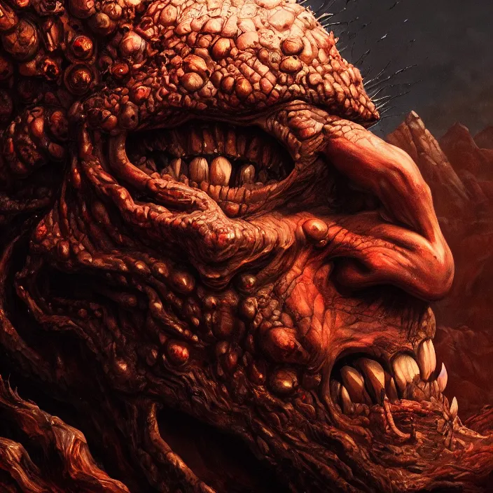 Image similar to close up portrait of a monster in the mountains of hell, oil painting by tomasz jedruszek, cinematic lighting, pen and ink, intricate line, hd, 4 k, million of likes, trending on artstation