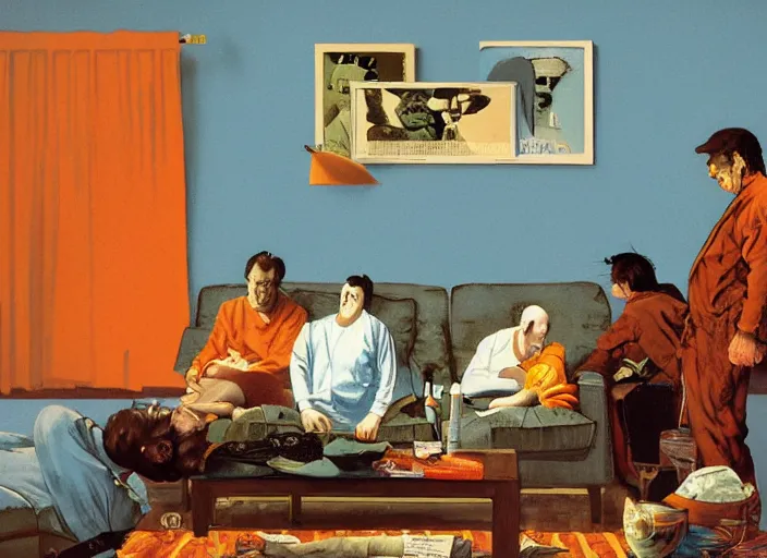 Prompt: a still from the film one flew over the cuckoo's nest by francis bacon, surreal, soft blue and orange living room, norman rockwell and james jean, greg hildebrandt, and mark brooks, triadic color scheme, by greg rutkowski, in the style of francis bacon and syd mead and edward hopper and norman rockwell and beksinski, dark surrealism, open ceiling