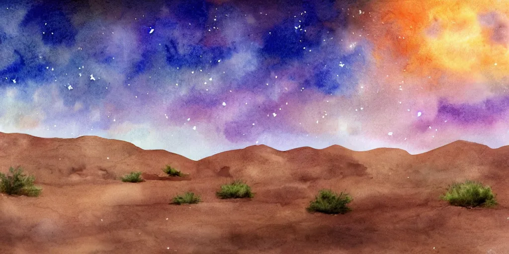 Image similar to desert with sky with stars in watercolor, cinematic, highly detailed wide, atmospheric lighting