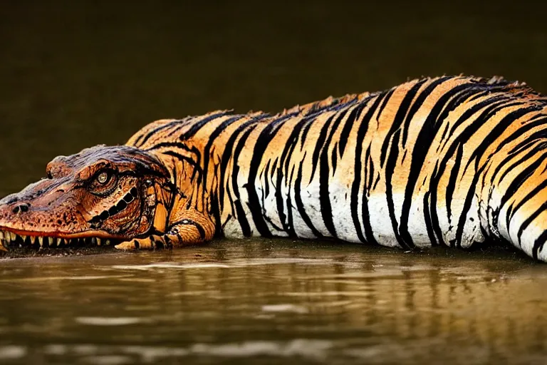 Image similar to an alligator tiger!!! hybrid! hyper realistic!! realistic lighting!! wildlife photographer of the year!!! bold natural colors, national geographic, hd, wide angle, 8 k