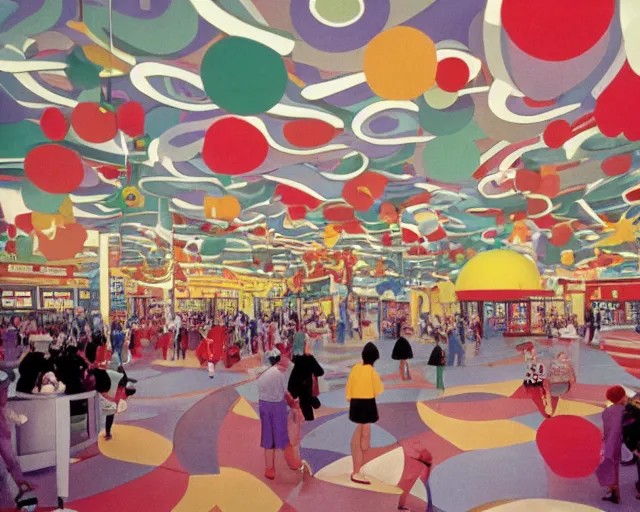 Prompt: the interior of a colorful dr. seuss - themed 1 9 8 0 s mall with mall - goers