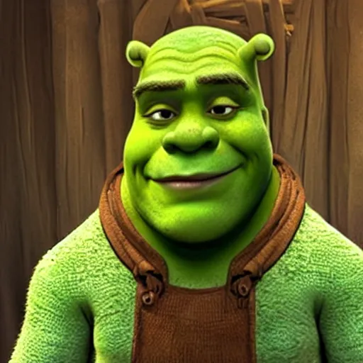 Image similar to Shrek wearing a hazmat suit