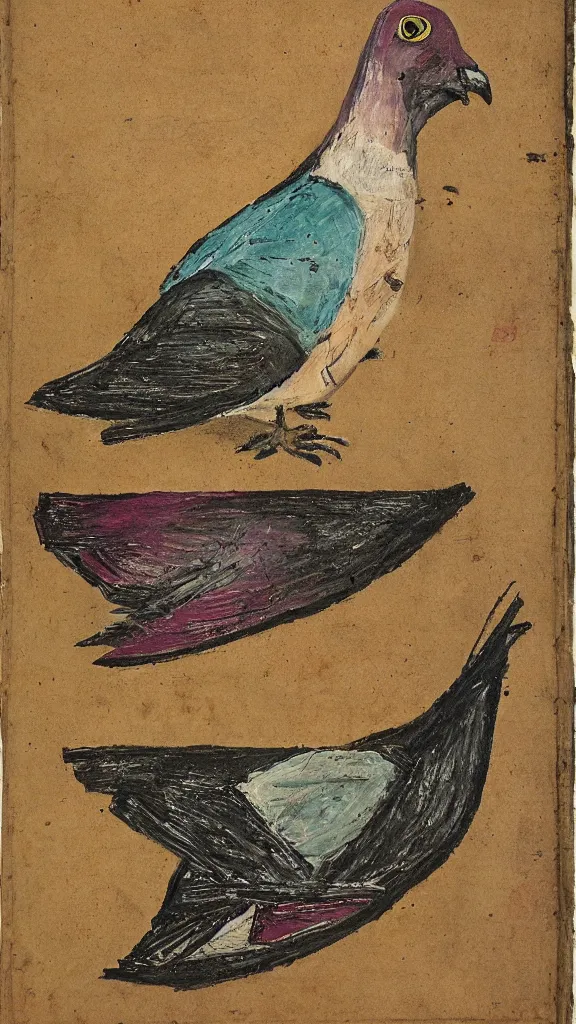 Prompt: outsider art painting of a pigeon, 1 8 5 5