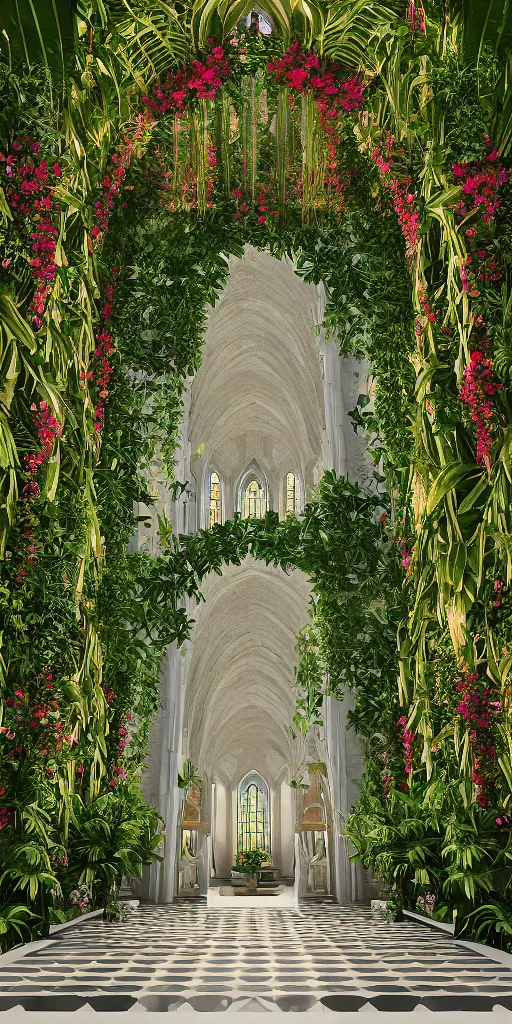 Image similar to grand cathedral interior with koi pond in the middle surrounded by palm trees, ivy, flowers, tropical plants, roses, and with archways, rendered in octane render with photorealistic lighting, cinematic, horizontal symmetry