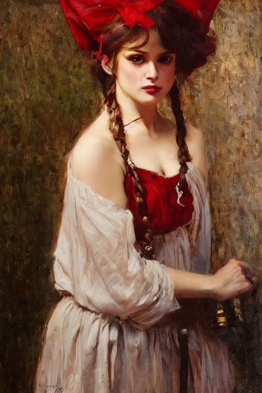 Prompt: Solomon Joseph Solomon and Richard Schmid and Jeremy Lipking victorian genre painting full length portrait painting of a young beautiful woman traditional german french Brigitte Bardot barmaid in fantasy costume, red background