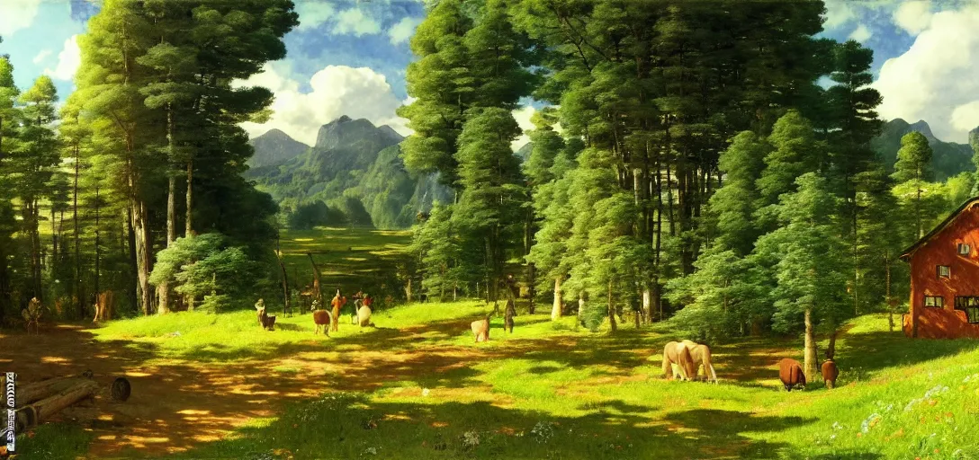 Image similar to ghibli illustrated background of strikingly beautiful swedish farm, the fealds and forests in the background by vasily polenov, eugene von guerard, ivan shishkin, albert edelfelt, john singer sargent, albert bierstadt 4 k