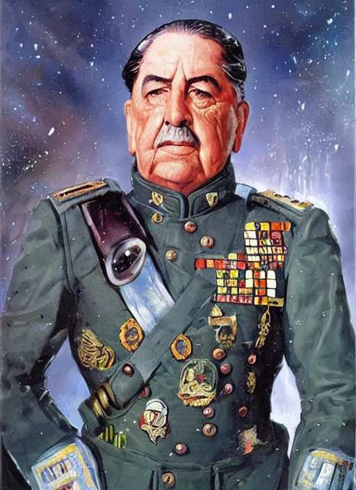 Prompt: sci fi portrait of general augusto pinochet as a cyborg wearing prussian military clothes by john berkey