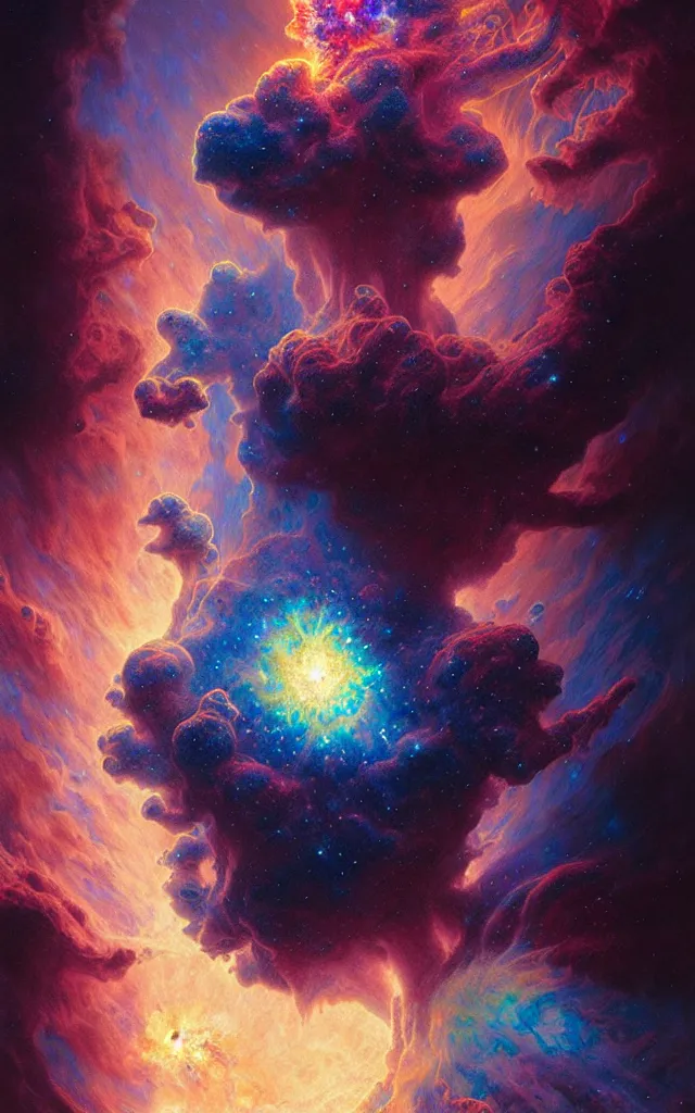 Image similar to psychedelic transcendent puffs of smoke explosion, supernova, nebulae, pillars of creation, enlightenment, high contrast lighting, highly detailed, concept art, art by collier, albert aublet, krenz cushart, artem demura, alphonse mucha