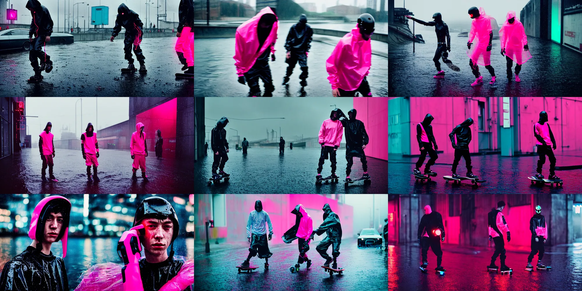 Prompt: cinestill hasselblad 8 5 mm, f / 1. 2, motion blur, candid photographic portrait by robert capas of 2 cyborgs on skateboards wearing rugged neon pink mesh techwear in treacherous waters, stockholm, modern cyberpunk moody depressing cinematic, pouring rain, ultra realistic faces, ex machina