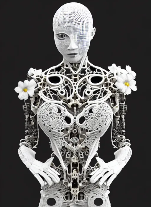 Image similar to black and white 3 d model, biomechanical female cyborg with porcelain profile face and a big floral eye, big leaves foliage and stems, morning glory flowers, hibiscus flowers, boho floral vines, sinuous fine roots, fine filigree foliage lace, alexander mcqueen, rim light, art nouveau fashion pearl embroidered, steampunk, redshift render, 8 k