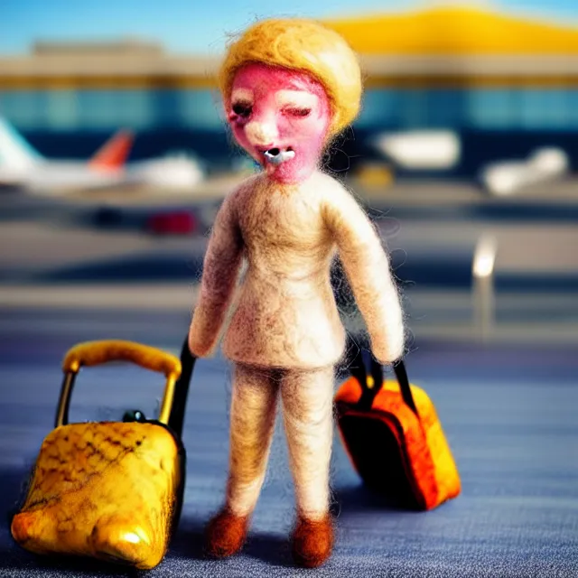 Prompt: needle felted person arriving at airport, highly detailed, tilt shift, cute, hyperrealism, highly textured, god rays