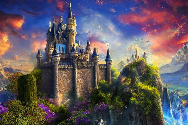 Prompt: a stunning and intricate photograph of a fantasy world, castle in the background, multicolor sky, highly detailed