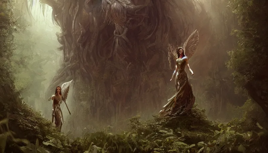 Prompt: A beautiful detailed painting of jennifer connelly as a female angel warrior reigns on a magical forest by greg rutkowski and marc simonetti , Trending on artstation HD.