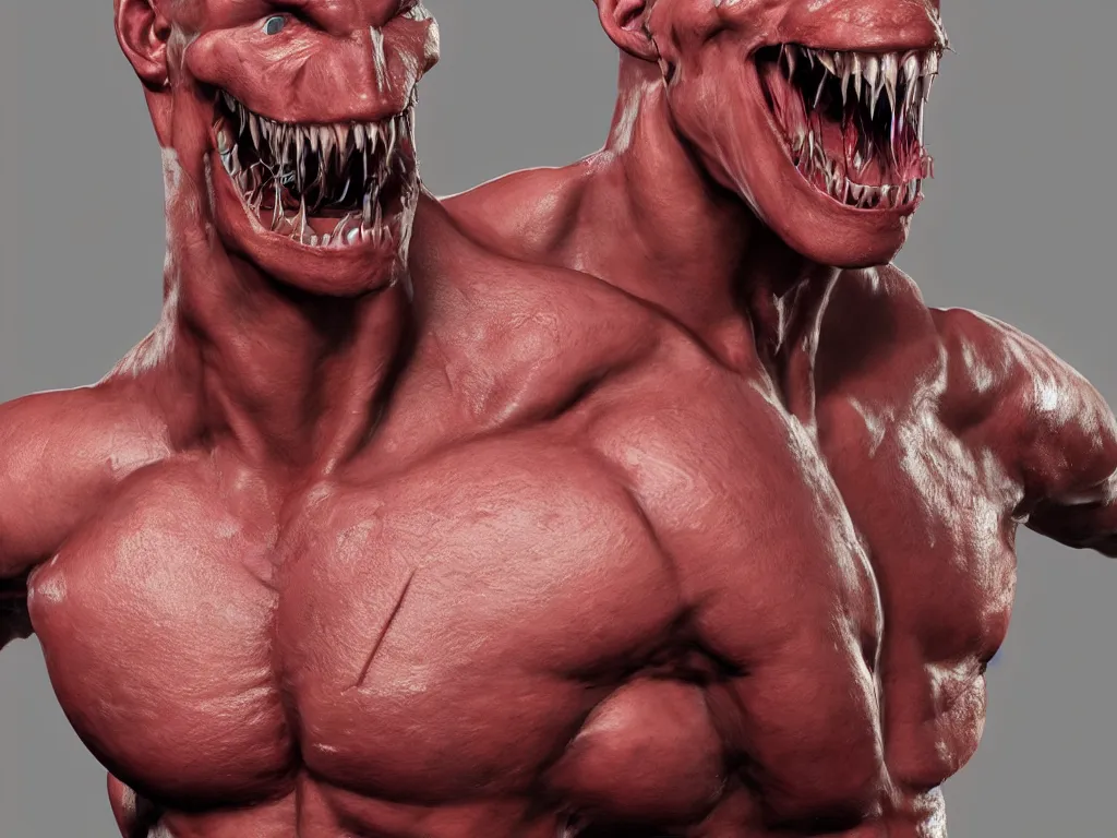 Image similar to game concept art, muscular body, mesomorph, crustacean head, sharp teeth, hyperrealism, artstation, cgsociety, zbrush, no background