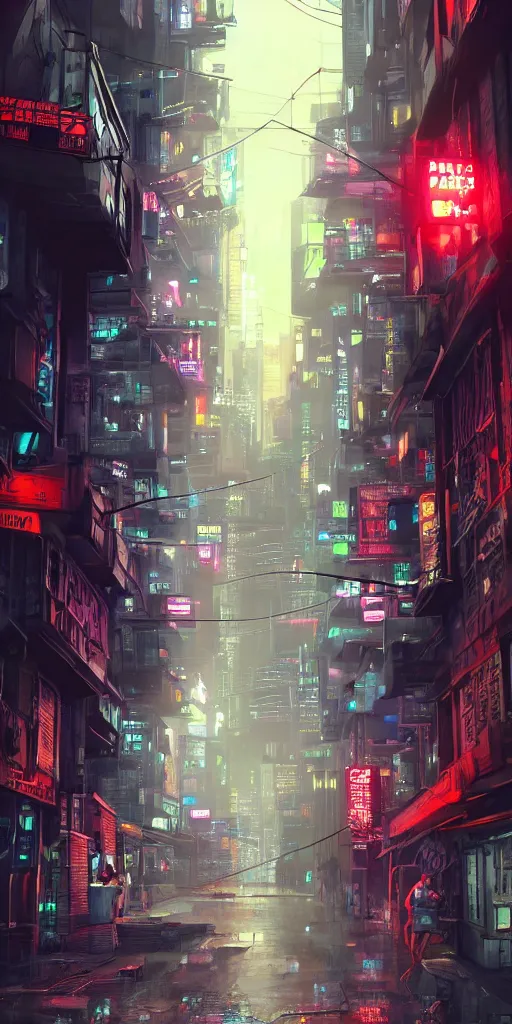 Prompt: cyberpunk narrow street. Tall buildings. Neon signs. Wires, garbage. Cans on the ground. Rain. Reflective ground. High details. Ultra realistic. Futuristic. Artstation trending. Unreal engine.-W 1024