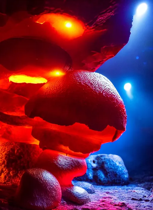 Prompt: photo of cave with giant crystals glowing and giant red mushrooms, realistic, sharp focus, 8 k high definition, insanely detailed, intricate, elegant