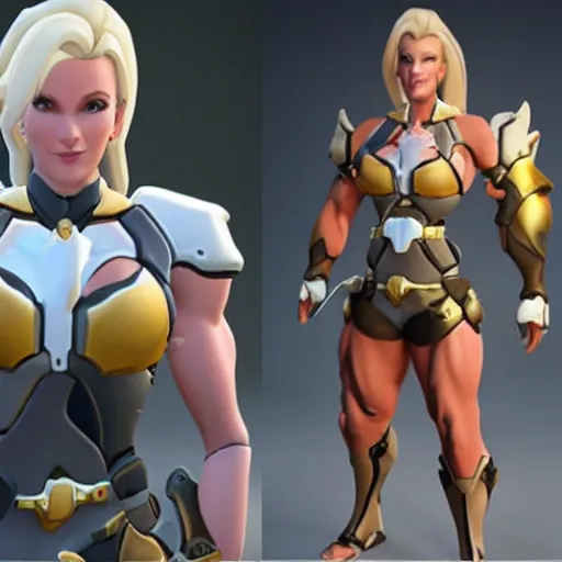 Image similar to a screenshot of arnold schwarzenegger as mercy in overwatch, full body shot